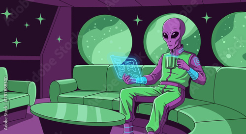 Cartoon Alien Resting on Couch with Tablet and Drink in Futuristic Room