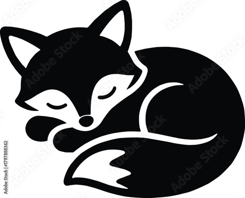 Stylized sleeping fox black silhouette icon on white background