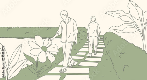 Couple strolls through a serene garden path lined with flowers and greenery illustration