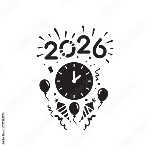 Isolated black wall clock with white hour minute second hands and number dial 2026