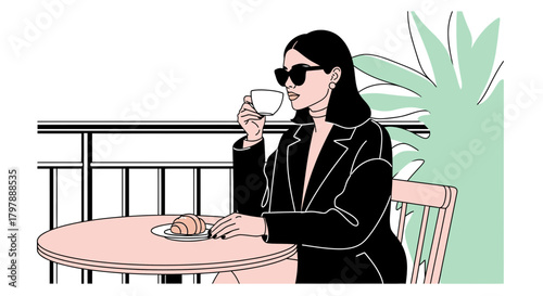 Elegant woman enjoying coffee and croissant at outdoor cafe with stylish design