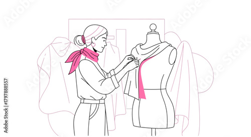 Fashion designer working on a mannequin, crafting new clothes in her atelier and studio, tailoring