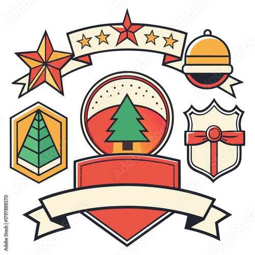 “A retro vintage Christmas badge and label pack featuring ribbons, seals, outlines, and emblems, ideal for branding, packaging, promotions, and décor.”