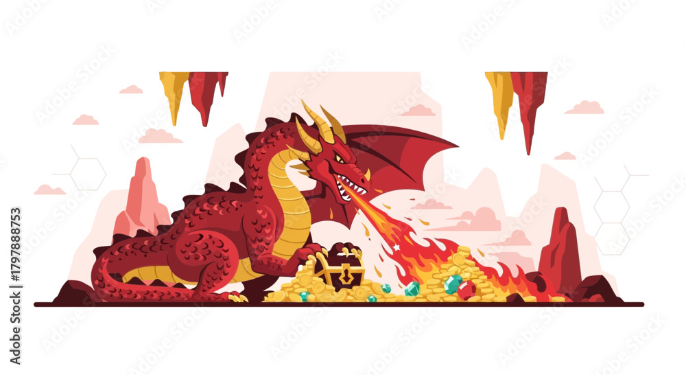 Naklejka premium Illustration of a fearsome red dragon guarding its treasure hoard in a fantasy cave setting