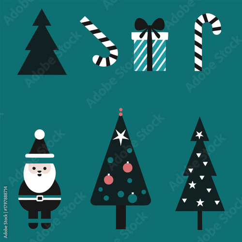 “A cute Christmas sticker pack in kawaii style featuring candy canes, Santa, gifts, trees and festive icons, ideal for printables, planners, and posts.”