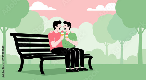 Illustration of a loving same-sex couple enjoying ice cream on a park bench, celebrating their