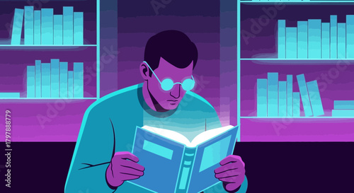 Illustration of a man reading a glowing book in front of a bookshelf filled with books in an