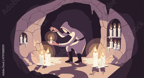 Mysterious figure in a cave illuminated by candlelight creates a serene atmosphere