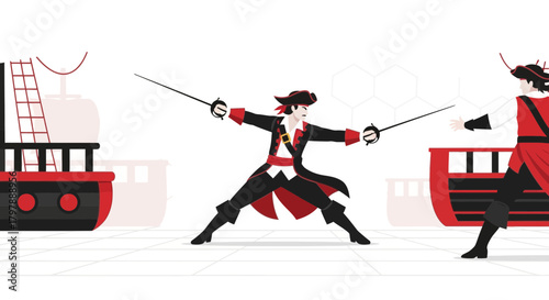 Pirates duel with swords on ship board in cartoon illustration graphic concept scene