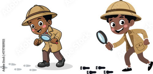 Curious young child detective exploring footprints with magnifying glass, cartoon investigator character, playful mystery adventure illustration for kids learning and storytelling