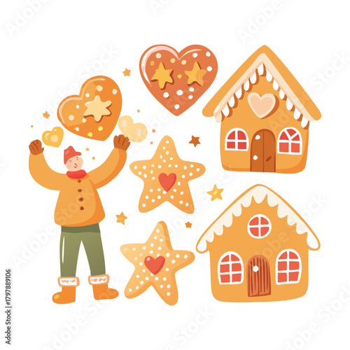 “A cute gingerbread cookie illustration set featuring stars, hearts, houses, and characters with detailed icing, ideal for patterns, cards, and packaging.”