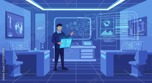Scientist working in a futuristic research lab with advanced technology displays and data analysis