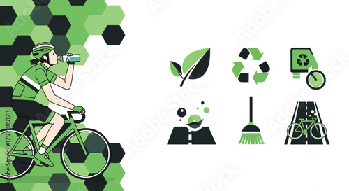 Sustainable transportation and environmental conservation icons depicting eco-friendly practices