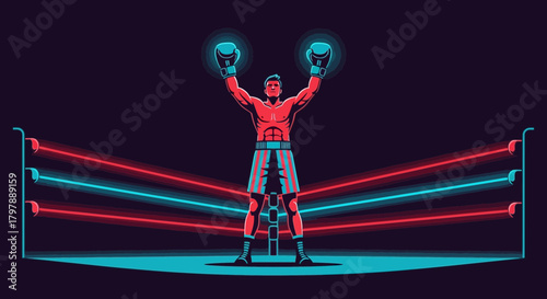 Victorious boxer stands in the ring with raised arms celebrating his hard-fought win
