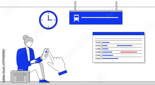 Woman using phone waiting train at station for business trip or leisure time