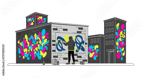 A street artist creatively spraying vibrant graffiti on city buildings in a urban art scene