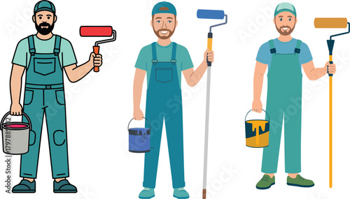 Cartoon illustration of male house painter holding paint roller and bucket wearing overalls professional worker character for renovation construction home improvement design