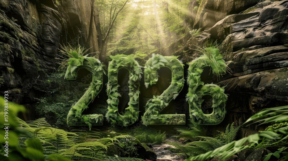 Obraz premium Eco friendly concept green 2026 text emerging from lush forest