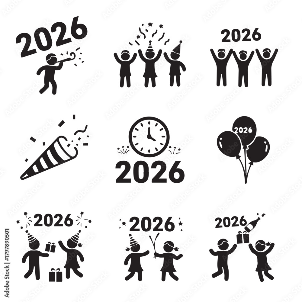 Fototapeta premium Vector icon set illustration for family, wedding, and children design concepts featuring people, animals, and cartoon silhouettes