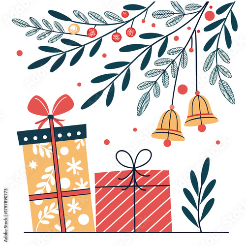 “A modern colorful flat Christmas elements pack featuring ornaments, foliage, gifts, and festive shapes ideal for posters, packaging, branding and ads.”