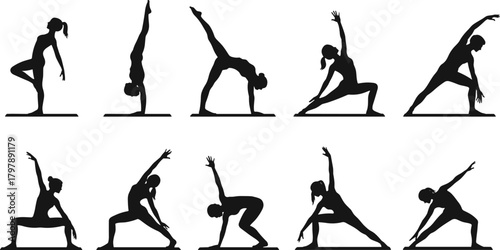 Yoga poses silhouette, fitness flexibility, wellness balance, meditation exercise, body strength, stretching routine, healthy lifestyle, spiritual practice, calm focus, posture training