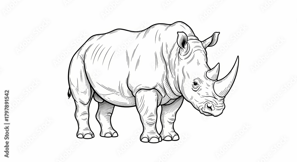 Obraz premium Rhinoceros illustration in black and white line art style 