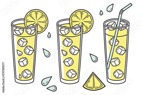 Hand drawn lemonade glasses with ice and lemon slices silhouette isolated on white background VECTOR.