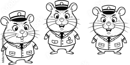 Cute black and white cartoon hamster officers in uniform, showcasing adorable character line art for creative vector illustration