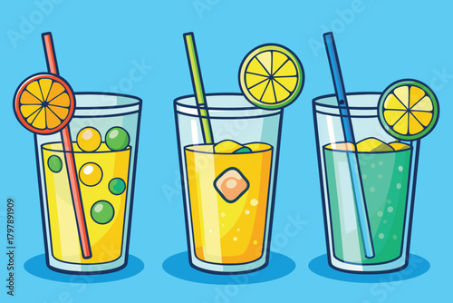 Hand drawn lemonade glasses with ice and lemon slices silhouette isolated on white background VECTOR.