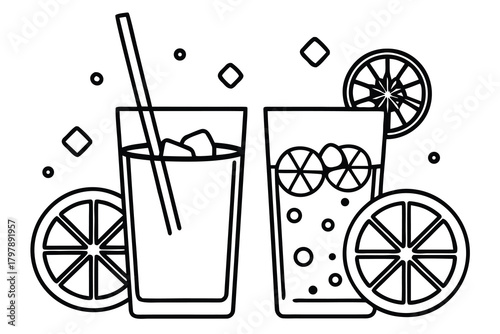 Hand drawn lemonade glasses with ice and lemon slices silhouette isolated on white background VECTOR.