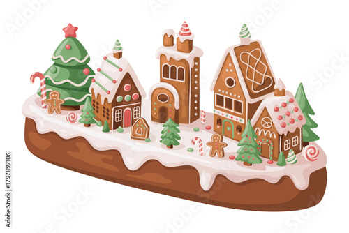 Whimsical gingerbread village in a snowy winter wonderland, featuring charming candy houses, festive decorations, cozy scenery, perfect for holiday artwork, seasonal illustrations, and creative festiv