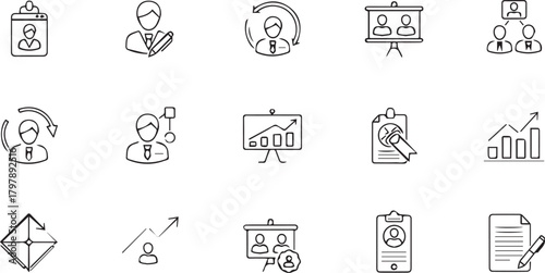 Business and strategy icons depicting people, charts, and presentations