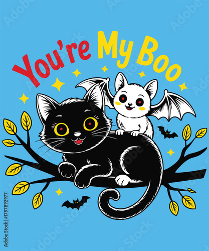 Cute black cat and white bat with text youre my boo