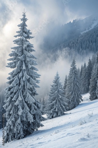 Beautiful winter landscape with snowy fir trees and fog.