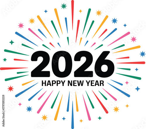 Happy New Year 2026 celebration graphic with colorful bursting fireworks and text