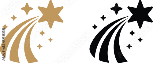 Set of shooting star icons in gold and black. Each design shows a large star with a curved trail of three parallel lines, symbolizing success, achievement, and dreams