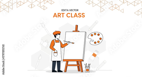 Creative art class illustration with artist and tools, suitable for educational designs and