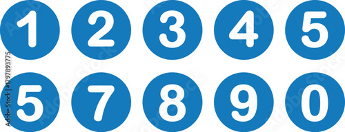 Set of bold white numbers from zero to nine isolated on individual solid blue circular backgrounds for graphic design