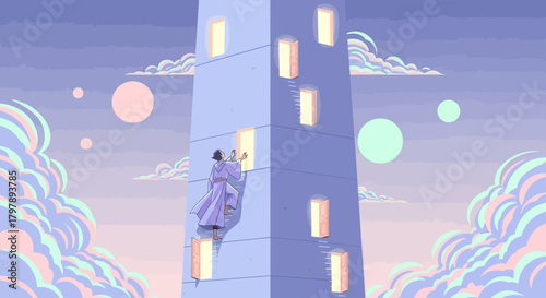 Dreamy climb to celestial heights woman ascending building doors against pastel sky
