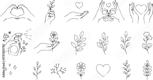 Collection of handdrawn icons and elements related to love, nature, and selfcare