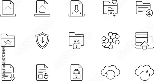 Collection of handdrawn icons representing file management, security, and data transfer operations
