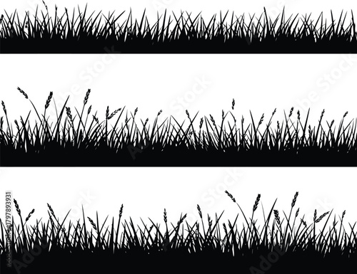 A versatile collection of three distinct black grass silhouettes, arranged as horizontal borders, perfect for natural and outdoor-themed vector designs