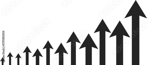 Increasing arrow chart rising upwards, showing growth and progress in business development and finance