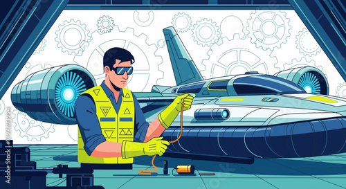 Futuristic aircraft maintenance engineer repairing spaceship wiring in hangar