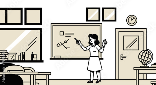 Illustration of a cheerful female teacher in a classroom setting explaining science lesson on