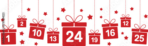 A festive Christmas advent calendar made of hanging red gift boxes with numbers from one to twenty-five, counting down the days until the holiday
