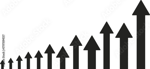 Vector graphic of ascending black arrows arranged in a progressive sequence, symbolizing business growth, upward momentum, and success