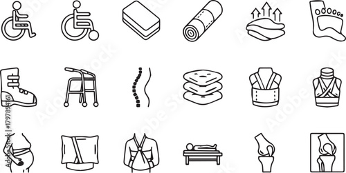 Collection of line art icons related to healthcare, physical therapy, and medical support