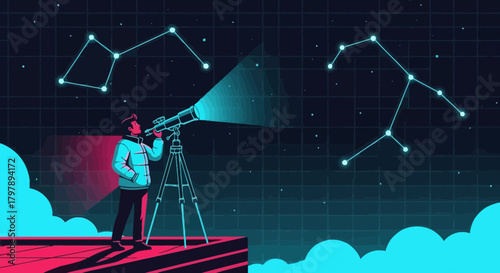Illustration of a man looking at constellations with a telescope on a rooftop observatory