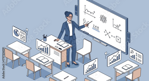 Illustration of a teacher in a classroom setting, demonstrating math formulas on a whiteboard with